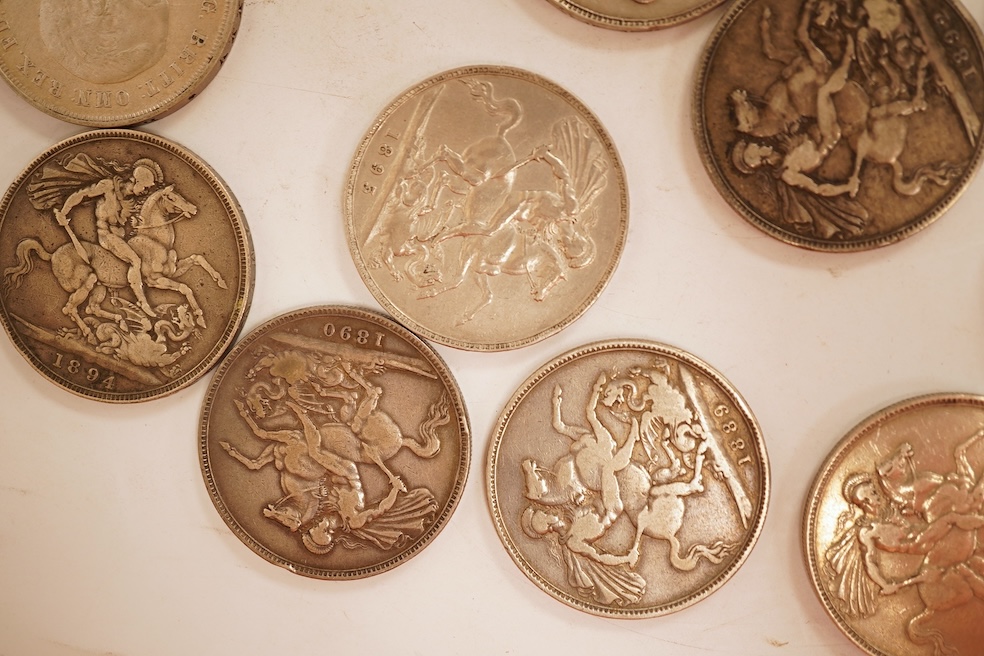 British silver coins, Victoria to George VI, eighteen crowns;, two 1889, 1890, 1891, 1892, two 1893, 1894 to 1895, 1896, 1897, 1898, four 1935 and 1937, ranging from fine to about EF